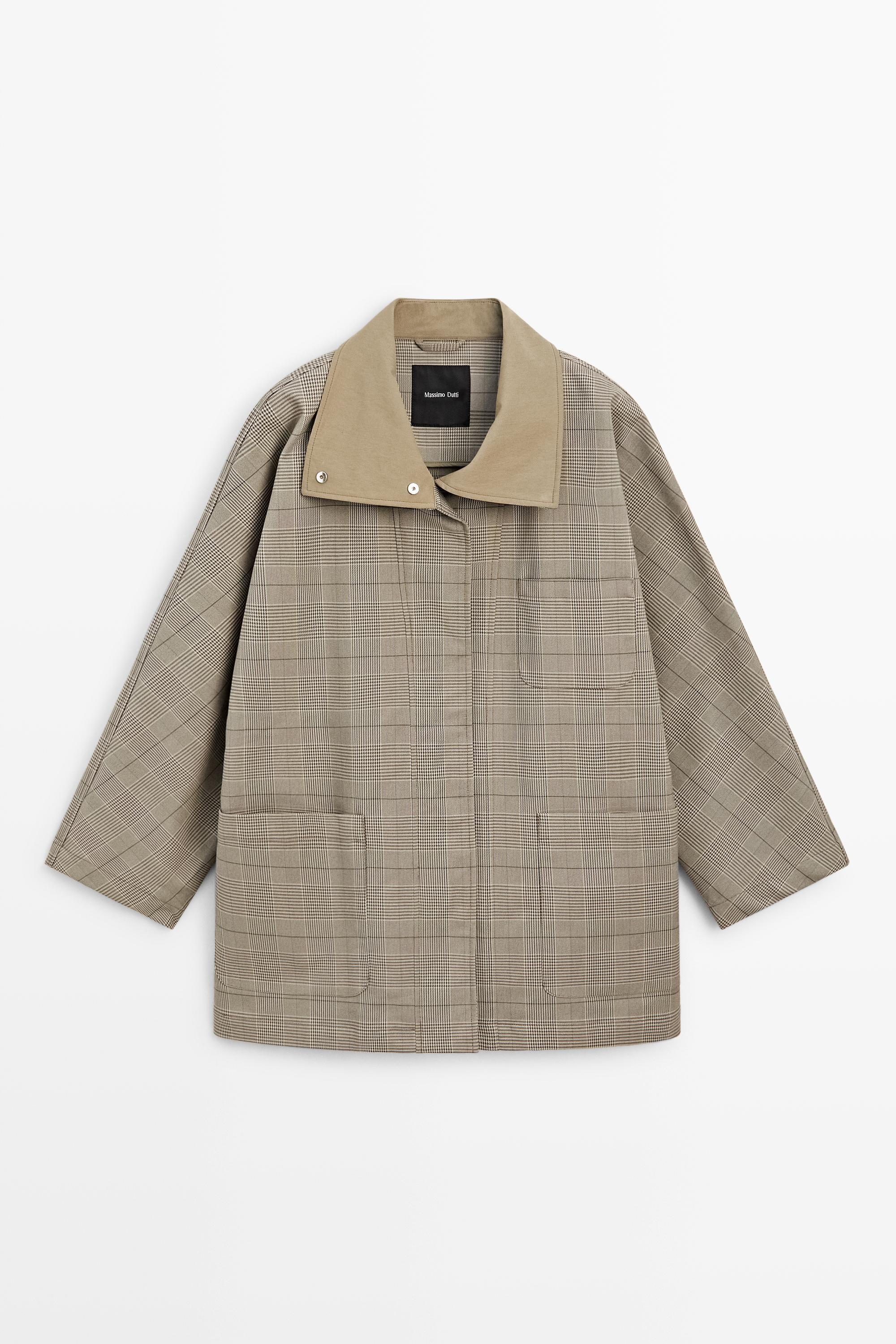 Cotton blend plaid high neck jacket | Massimo Dutti US