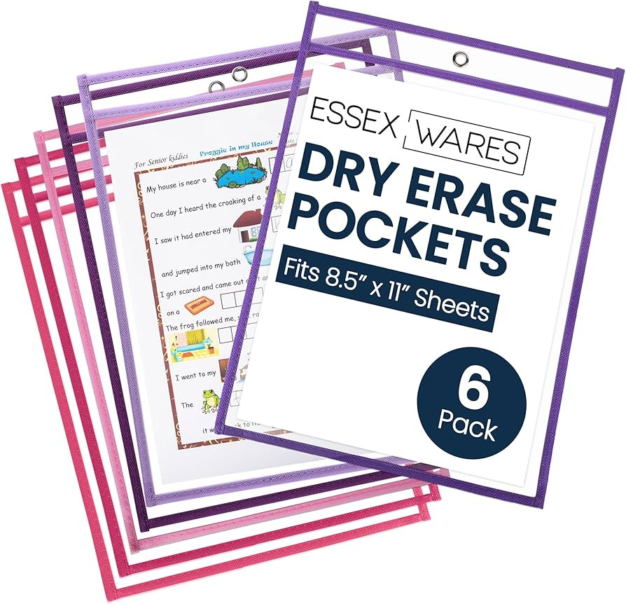 Essex Wares - 6 Pack, Pinks & Purples, Water-Resistant Dry Erase Pocket Document Protectors, 10" ... | Amazon (US)