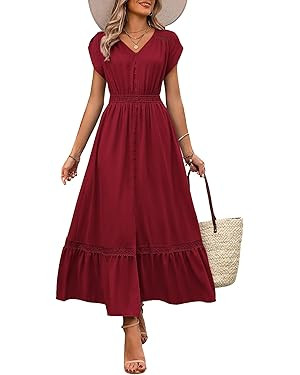 dowerme Women Summer Dresses 2024 Petal Sleeve V Neck Hallow Out Button Down Smocked A-Line Lace ... | Amazon (US)