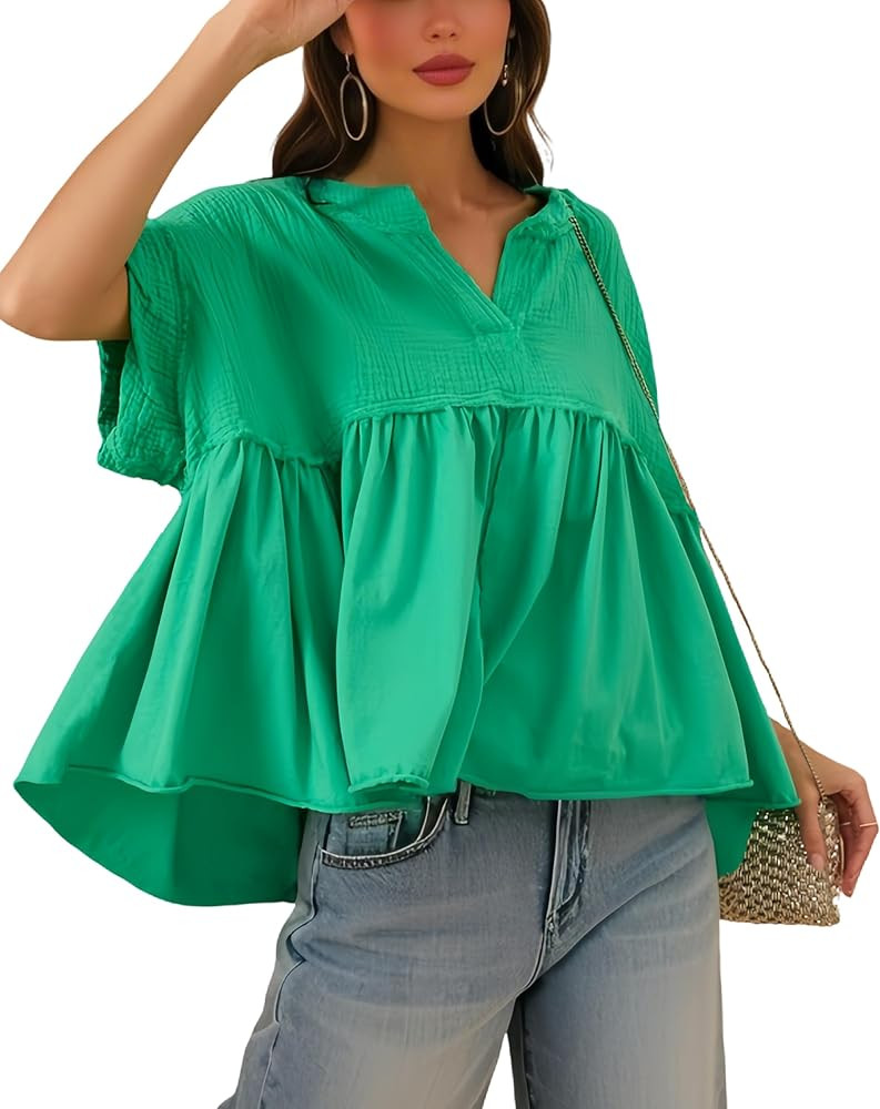 Women's Tops Short Sleeve V Neck Flowy Cute Summer Tops Oversized Tshirts Trendy Clothes | Amazon (US)