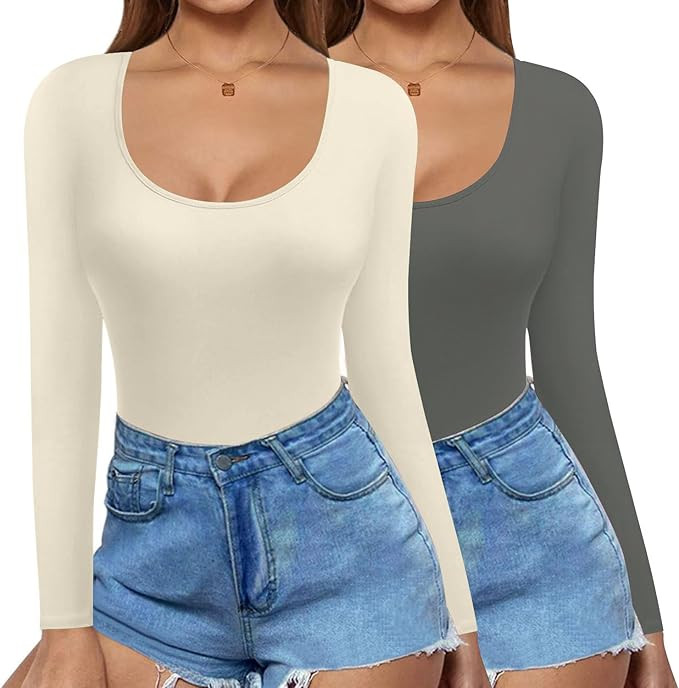 Ekouaer 2 Pack Women's Scoop Neck Tops Long Sleeve Slim Fit T Shirt Thermal Shirts Basic Tight Te... | Amazon (US)