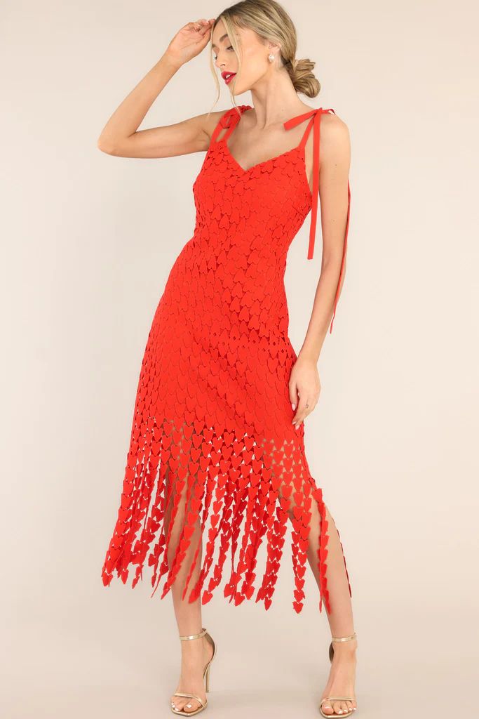 Heart On Display Red Heart Lace Midi Dress | Red Dress 