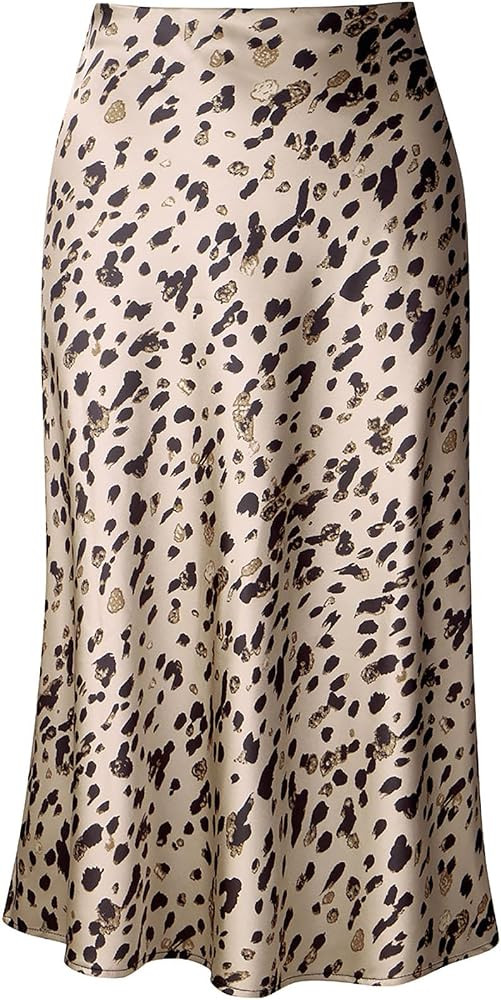 Keasmto Leopard Skirt for Women Midi Length High Waist Silk Satin Elasticized Cheetah Casual Ladi... | Amazon (US)