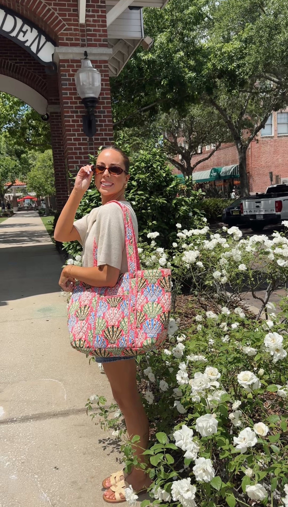 Comfy summer ootd💛 Amazon short sleeve cardigan, Amazon outfit, Levi mid thigh jean shorts, denim mom shorts, Amazon sunglasses, dolce vita sandals, seashell pink Vera Bradley Hathaway tote bag, quilted tote bag, summer outfits, outfit inspo, Pinterest aesthetic 
