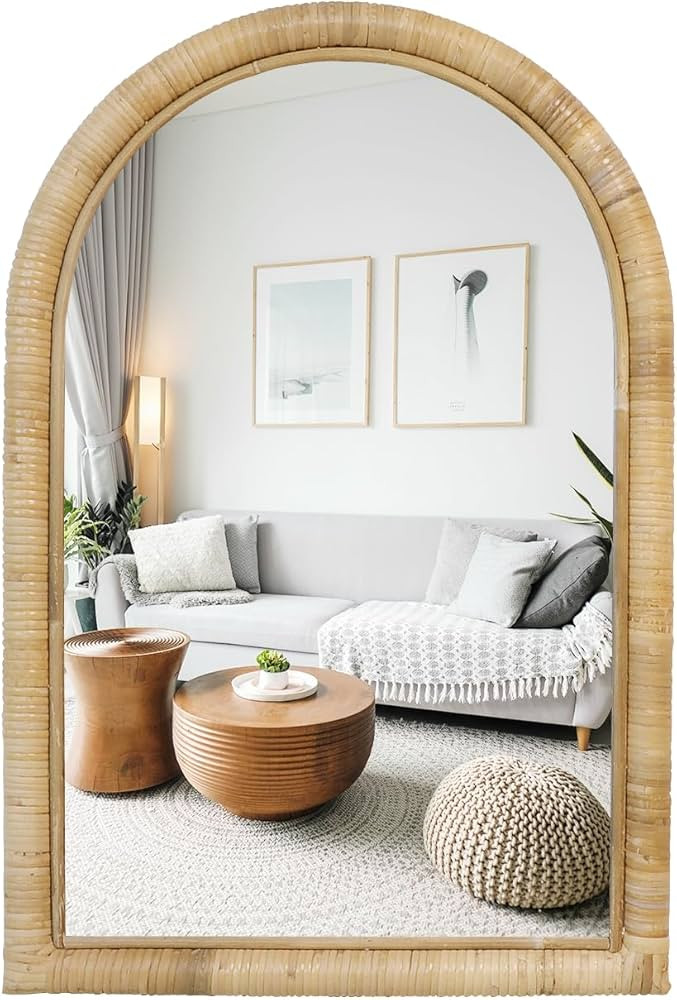 QUOAOT Arched Wall Mirror, 24 x 16 Rattan Vanity Mirror for Wall, Rattan Frame Boho Mirror for Fa... | Amazon (US)