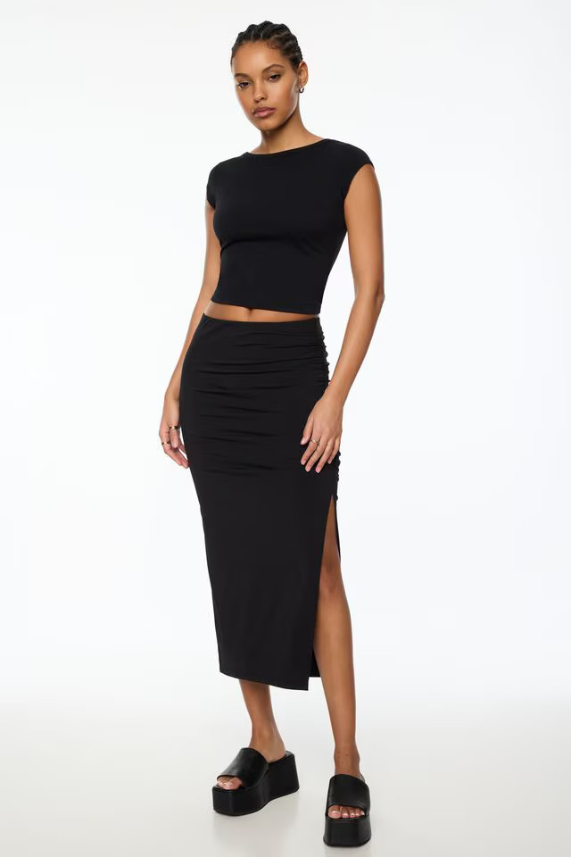 Shannen Sculpt Side Ruched Midi Skirt$49.95 | Dynamite Clothing
