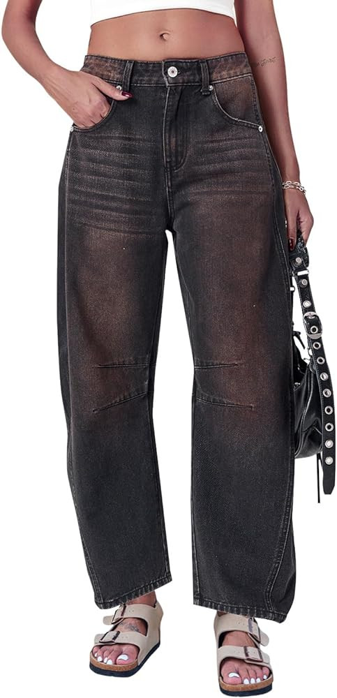 Mid Rise Barrel Jeans for Women Wide Leg Mid Waist Cropped Denim Pants Y2k Baggy Boyfriend Jeans ... | Amazon (US)