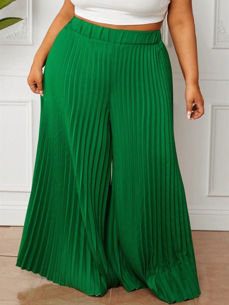 SHEIN CURVE+ Plus Size Elegant Deep Green Pleated Palazzo Pants For Women With Elastic Waist | SHEIN