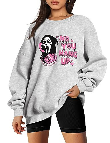 PILIUISI No You Hang Up Sweatshirt for Women Funny Ghostface Graphic Long Sleeve Shirt Halloween Pullover Oversize Tops (Light Grey,M) | Amazon (US)