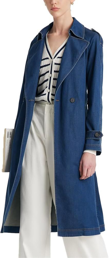 GOELIA Lapel Button Long Trench Coat for Women Denim Blue Cotton Trench Coat Women with Belt | Amazon (US)
