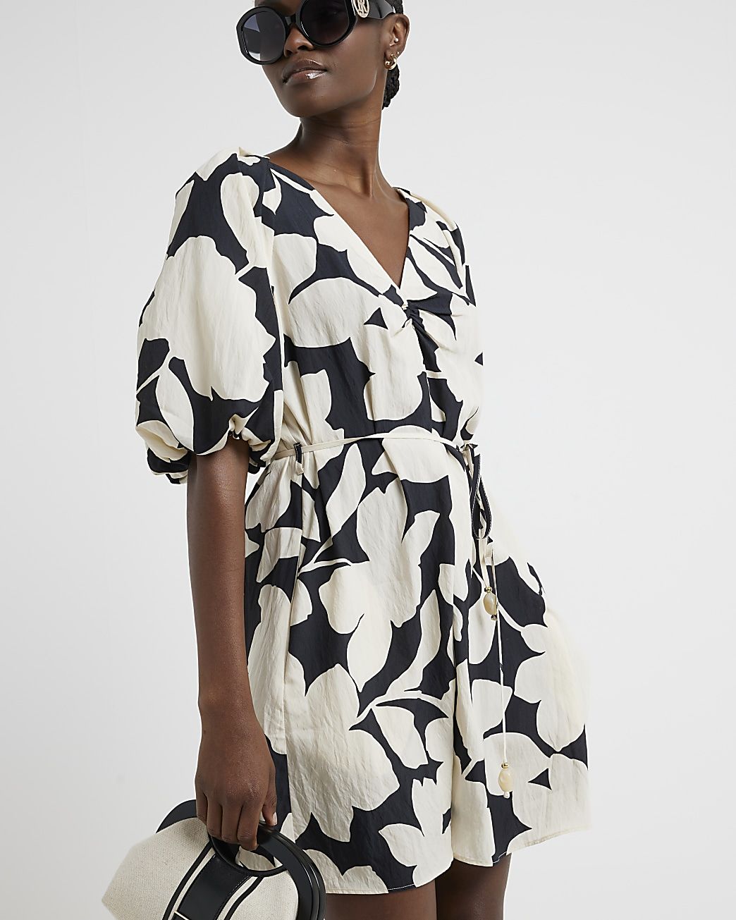 Black floral puff sleeve swing mini dress | River Island (UK & IE)