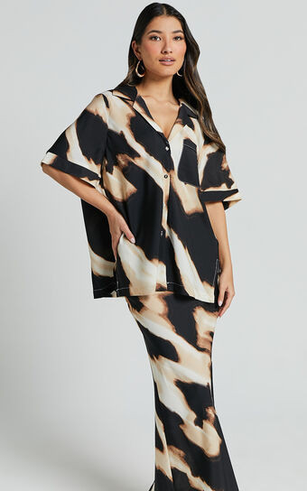 Tabitha Blouse - Oversized Short Sleeve Button Through Blouse in Brown | Showpo (US, UK & Europe)