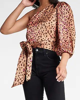 Leopard Print One Shoulder Tie Waist Top | Express