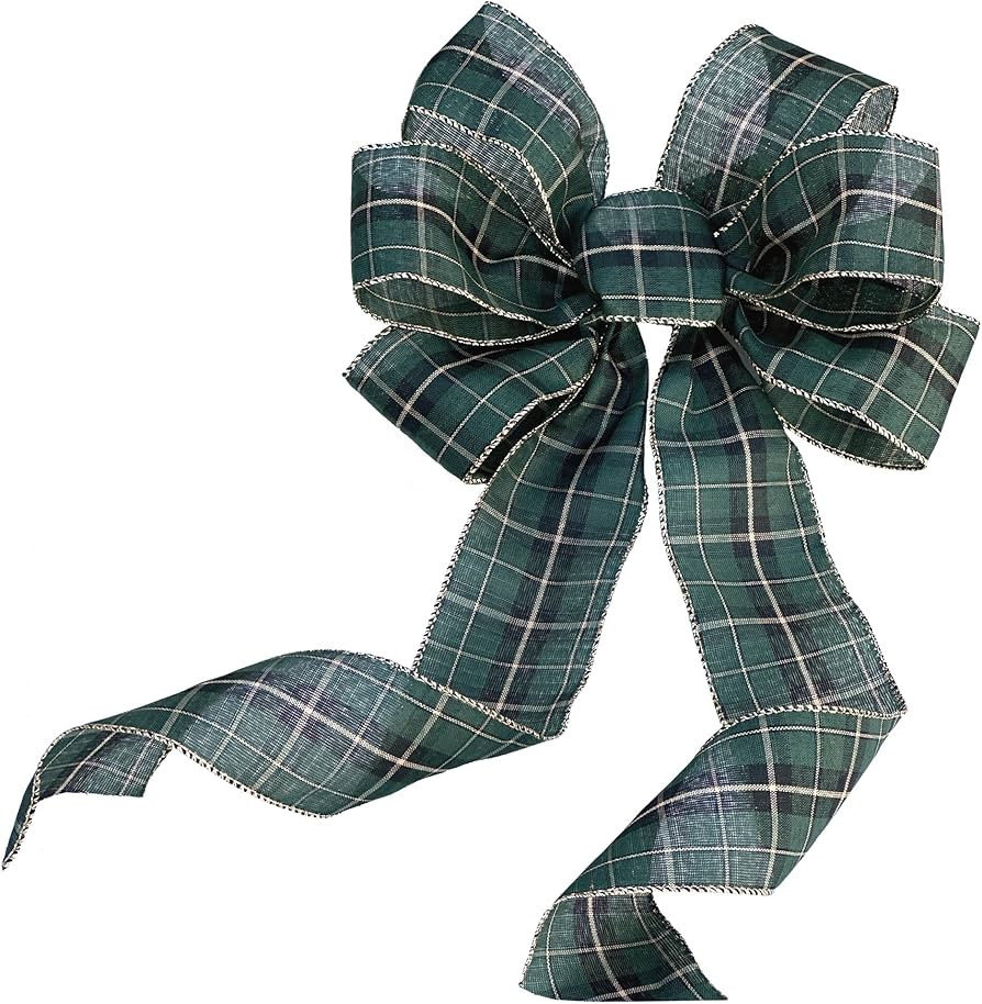 Green Black Plaid Wreath Bow - 10" Wide, 18" Long Pre-Tied Bow, Tartan, Gold Edge, Door Decoratio... | Amazon (US)