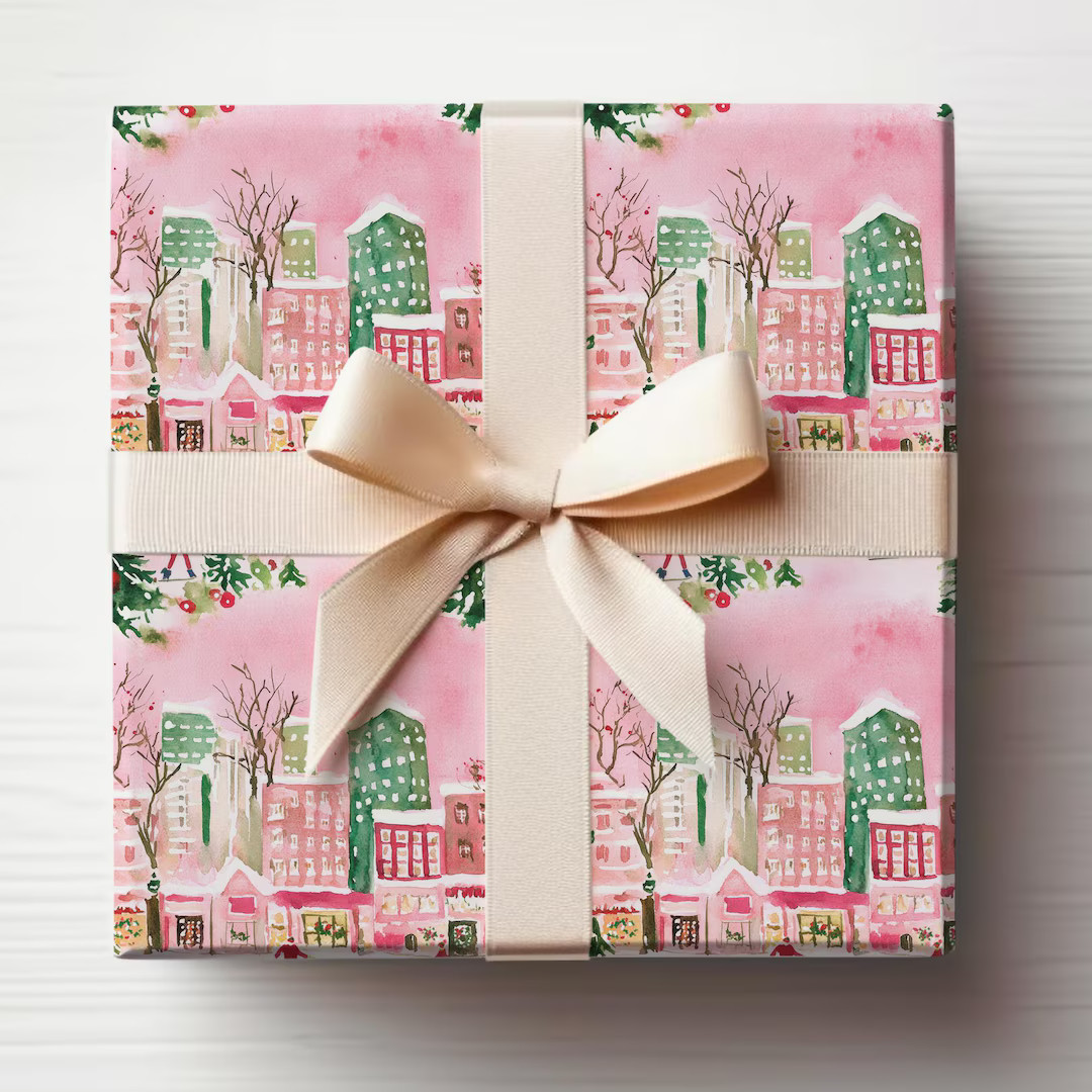 City Wrapping Paper NYC Christmas Gift Wrap Roll NYC City Scene Wrapping Paper Roll Pink Christma... | Etsy (US)