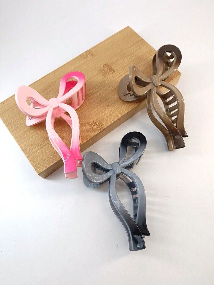 3pcs/Pack 13cm Long Lady Plastic Hair Claw Clip With Ribbon Bow, Suitable For Daily Wear | SHEIN