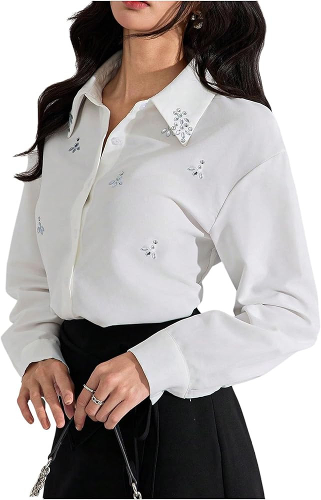 SweatyRocks Women's Long Sleeve Button Down Shirts Blouses Rhinestone Business Work Tops | Amazon (US)