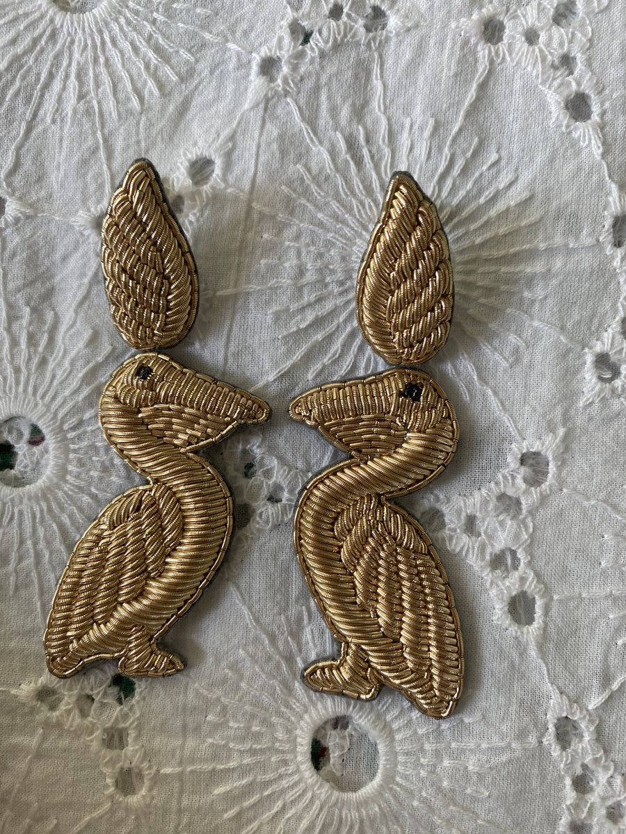 In Stock Now - Hand Embroidered Gold Pelican Earrings (Flat Back Clip | SUE SARTOR