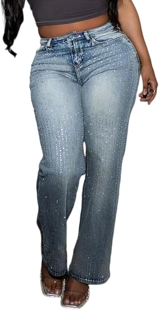 LETSVDO Women's Rhinestone Jeans Baggy High Waisted Y2k Straight Wide Leg Sparkly Glitter Bling D... | Amazon (US)