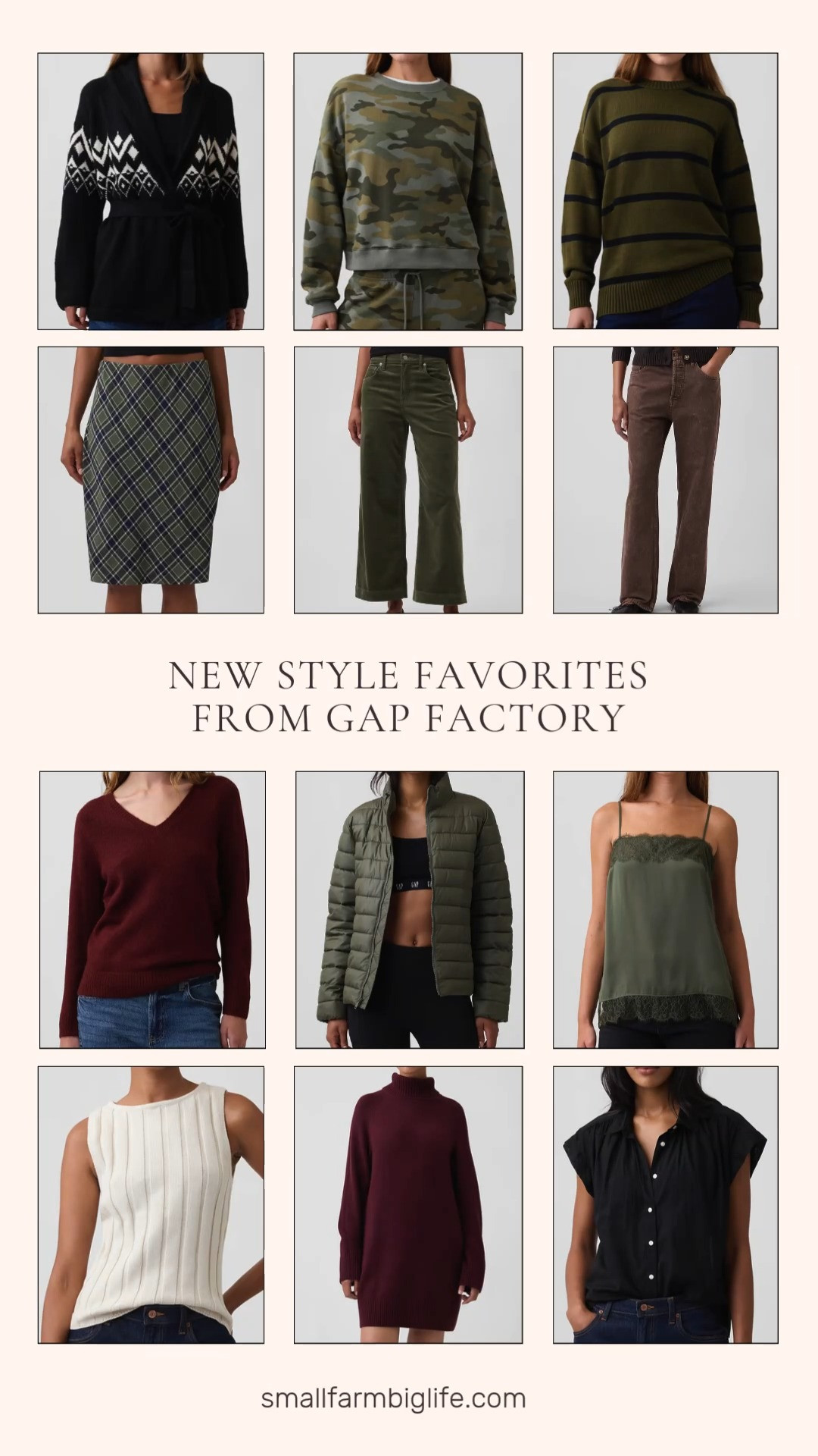 These new style favorites from Gap Factory have such a relaxed, easy going feel for autumn outfits this season.

The olive camo Relaxed Wedge Crewneck Sweatshirt and the olive green Relaxed Quilted Puffer Jacket both bring a cozy, casual layer perfect for cooler days, and the black and white CashSoft Fair Isle Shawl Cardigan adds a soft, elevated touch. The olive and black striped Oversized Crewneck Sweater and the radish heather Relaxed V Neck Sweater round out the sweater lineup nicely.

For dresses and skirts, the burgundy CashSoft Turtleneck Mini Dress is such an easy option for date night outfits, and the green and navy plaid Pull On Knee Length Skirt has a preppy, seasonal feel perfect for the office or a casual weekend.

On the bottoms side, the olive green High Rise Wide Leg Corduroy Pants and the brown Low Slung Straight Jeans are both great everyday staples to build around.

For tops, the olive green Satin Lace Trim Cami, the cream Ribbed Boatneck Sweater Top, and the black Collared Cap Sleeve Shirt are all easy layering pieces that work under a cardigan or on their own.

So many great pieces to shop for fall fashion hauls, all linked for you.

#gapfactory #fallfashion #falloutfits #autumnoutfits #datenightoutfits 

 #LTKootd #LTKOver40 #LTKSaleAlert