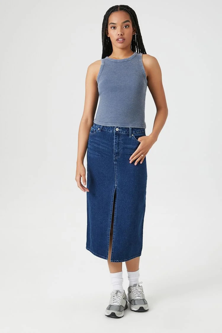 Women's Denim Midi Slit Skirt in Dark Denim Medium | Forever 21