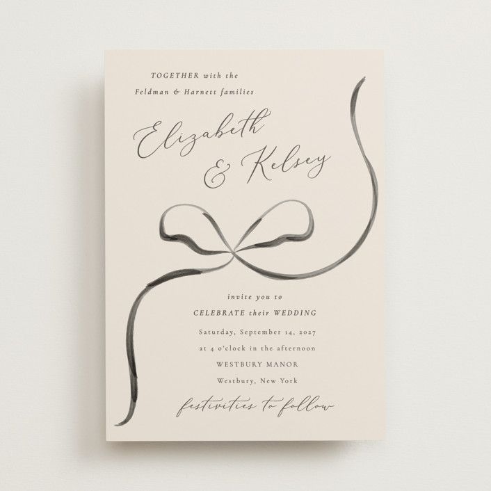"Bow" - Customizable Wedding Invitations in Beige or Black by Corinne Malesic. | Minted