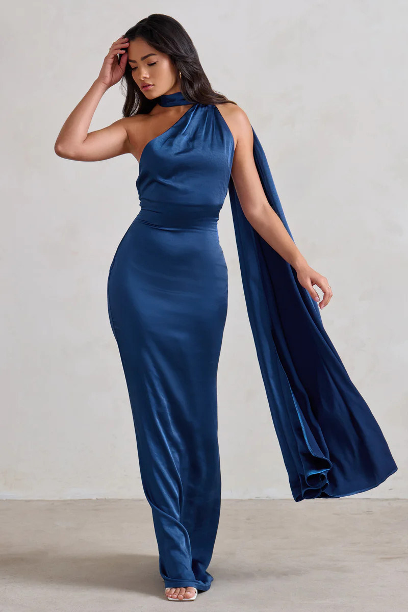 Mademoiselle | Navy Asymmetric Scarf Neck Backless Maxi Dress | Club L London