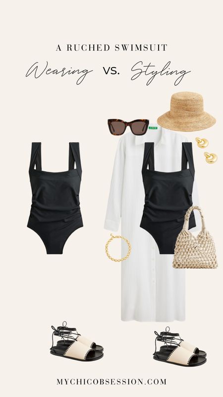 Wearing vs. Styling: Create a chic summer look with a ruched black one piece swimsuit, a white dress as a cover-up, and lace-up sandals. Accessorize with a straw hat, sunglasses? Gold and pearl jewelry, and a macrame tote. All found at J.Crew!

#LTKSwim #LTKStyleTip #LTKSeasonal