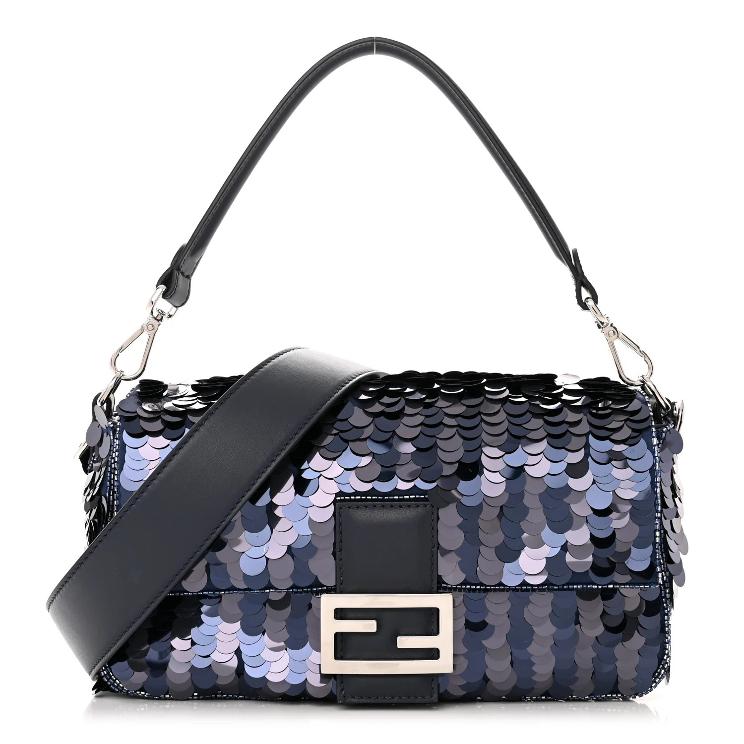FENDI Sequin Paillettes Vitello Grace Striped Baguette Dark Blue Lunai | FASHIONPHILE | FASHIONPHILE (US)