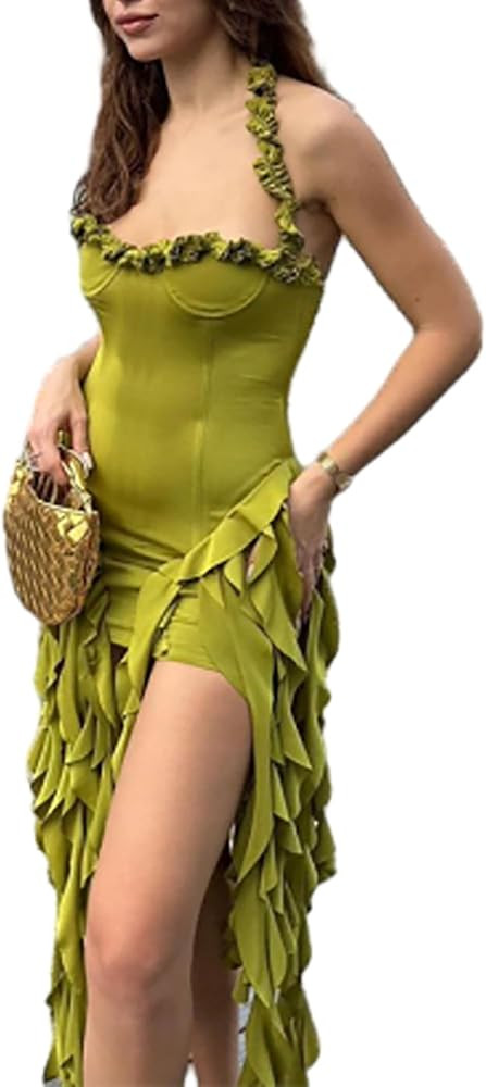 BAIMORE Women's Sexy Halter Neck Tassels Ruffle Backless Bodycon Party Mini Dress | Amazon (US)