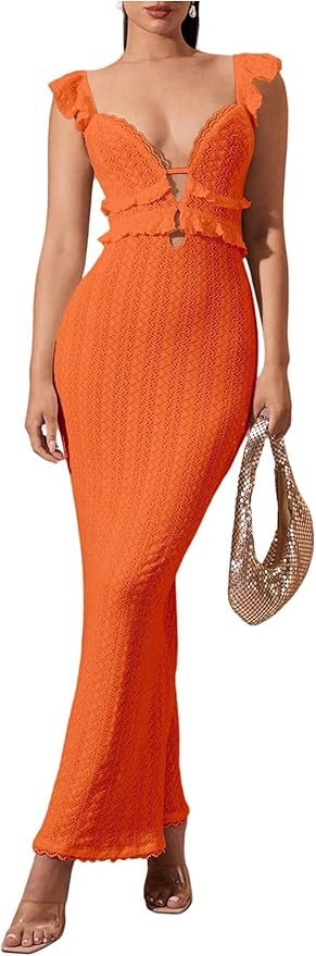 SOLY HUX Women's Maxi Dress Crochet Ruffle Sleeveless Backless Bodycon Long Dresses | Amazon (US)
