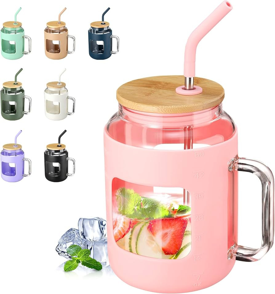 VOKOVO 50 oz Glass Tumbler with Bamboo Lid and Straw, Glass Water Bottles with Handle and Silicon... | Amazon (US)