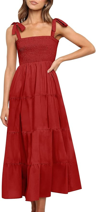 ANRABESS Women's Summer Midi Dress Casual Boho Sleeveless Tie Strap Smocked Tiered Long Beach Sun... | Amazon (US)