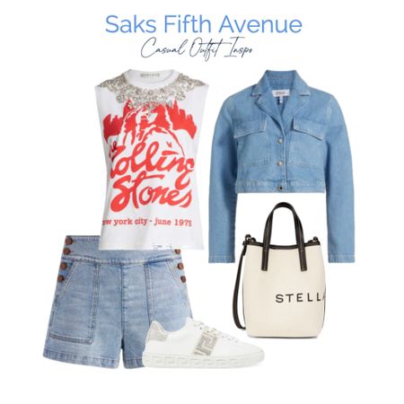 Casual vibes with a touch of glam.  Loving this Alice + Olivia ensemble from Saks! 

#AliceAndOlivia #SaksStyle #CasualChic #DenimShorts #EmbellishedTank #VersaceSneakers #SummerFashion