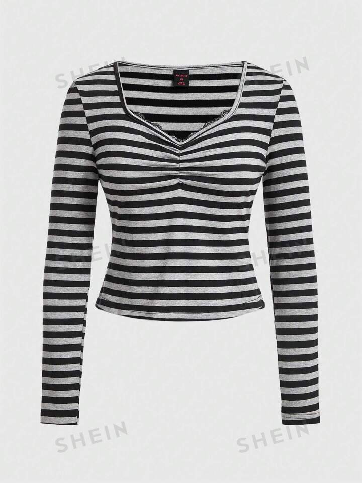 ROMWE Fairycore Striped Ruched Tee | SHEIN