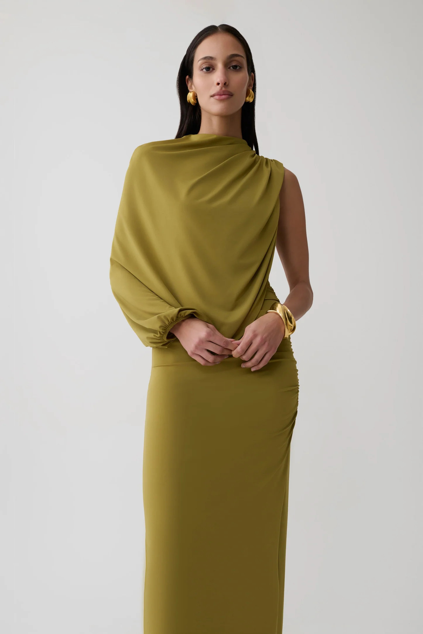 Yuri Gather Sleeve Maxi Dress - Martini Olive | MESHKI US