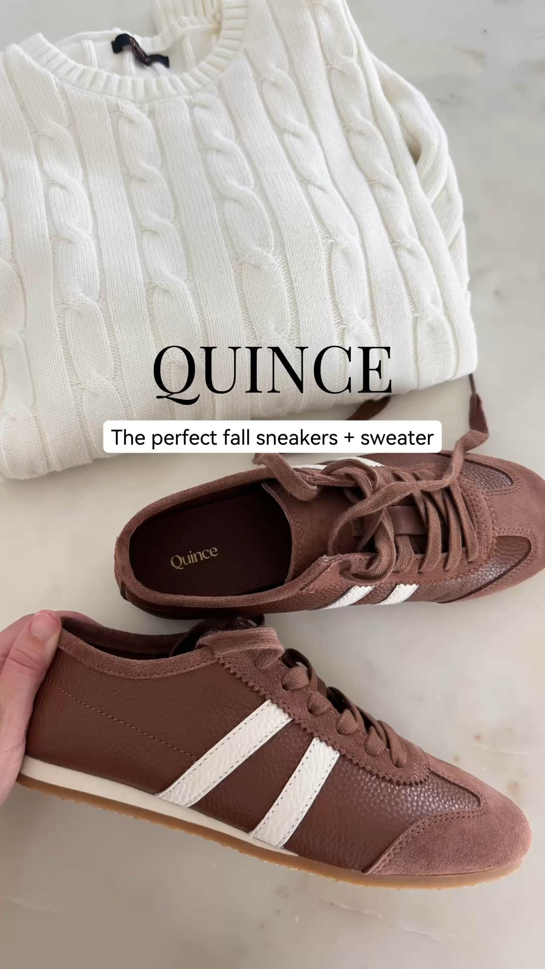Obsessed with these cognac sneakers from @Quince for fall. Love the minimal look on the foot, and the price is so good. They run small, so I sized up to a 6. #quincepartner

#LTKPetite