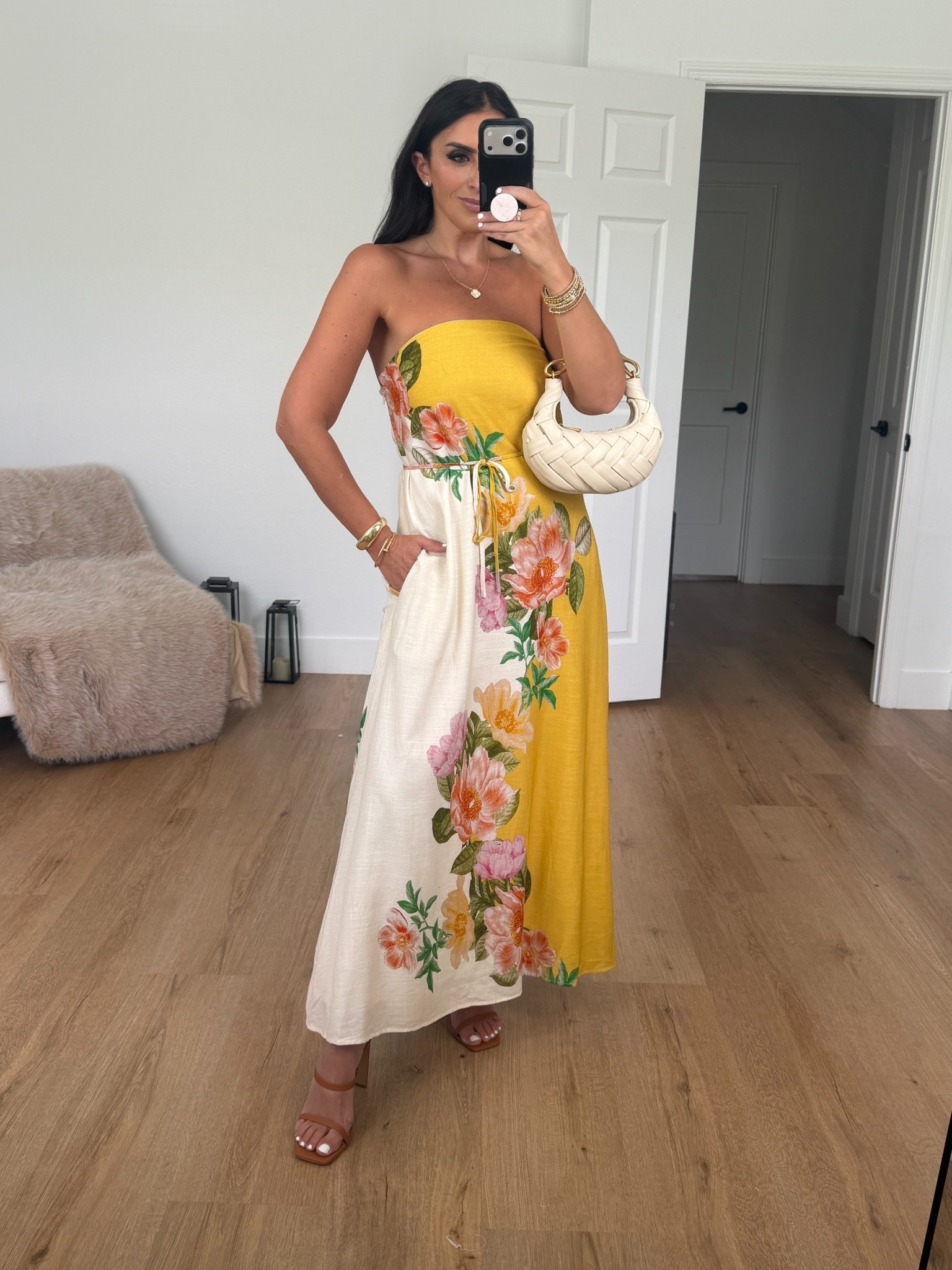 Petal & Pup Marlia Strapless Maxi Sundress wearing size small in color yellow poppy