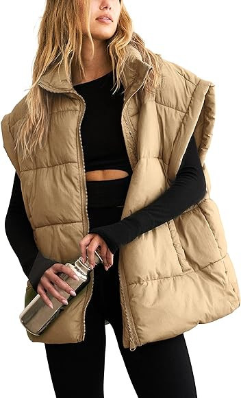 APAFES Women Winter Oversized Puffer Vest Lightweight Stand Collar Flysleeve Insulated Padded Puf... | Amazon (US)