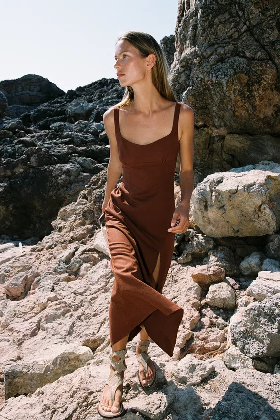 LINEN BLEND MIDI DRESS | Zara UK