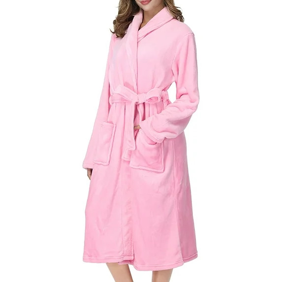 Robes for Women, Soft Fleece Women's Robe with Shawl Collar, Cozy Fluffy Long Bathrobes with Side... | Walmart (US)