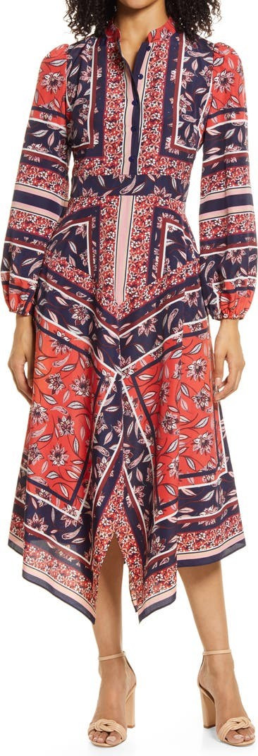 Scarf Print Handkerchief Hem Long Sleeve Shirtdress | Nordstrom | Nordstrom