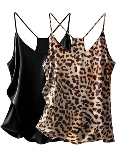 Ekouaer Womens Satin Cami Tops 2 Pack V Neck Silk Camisole Tank Top Spaghetti Strap Racerback Camis Blouse Shirt,Leopard Print/Black,Small | Amazon (US)