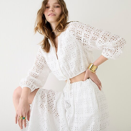 Long-sleeve linen crop top in eyelet | J. Crew US