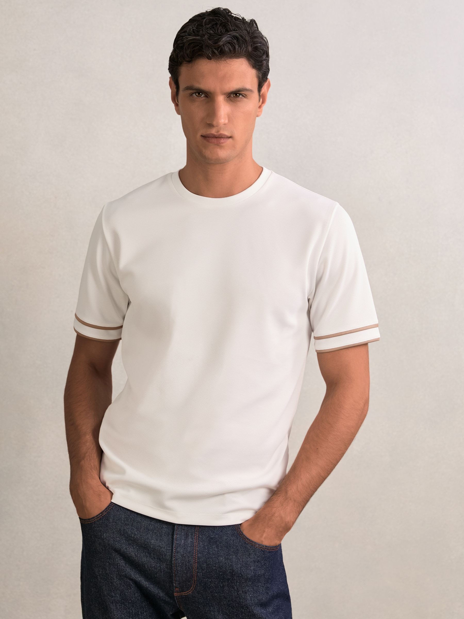 Reiss Textured Crew-Neck Tipped T-Shirt in White - REISS | Reiss UK