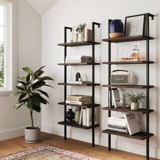Theo Dark Walnut Brown 5-Shelf Ladder Bookcase or Bookshelf with Black Metal Frame (Set Of 2) | The Home Depot
