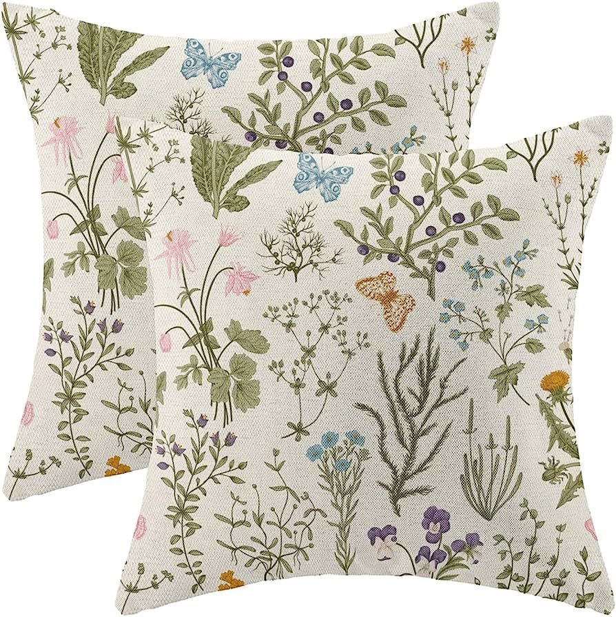 Spring Pillow Covers 18x18 Inch Set of 2,Sage Green Wild Flower Plant Throw Pillows Case,Seasonal... | Amazon (US)