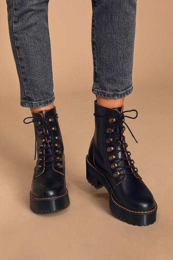 Leona Black Vintage Smooth Leather Lace-Up Platform Boots | Lulus (US)