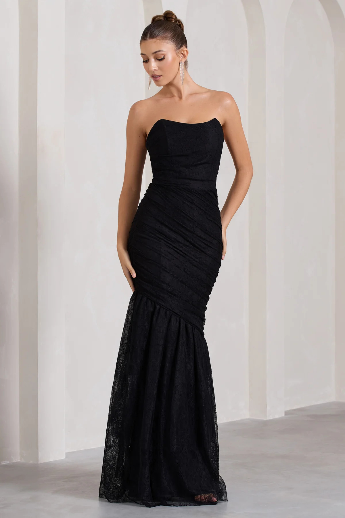 Encapsulate | Black Lace Ruched Strapless Fishtail Maxi Dress | Club L London