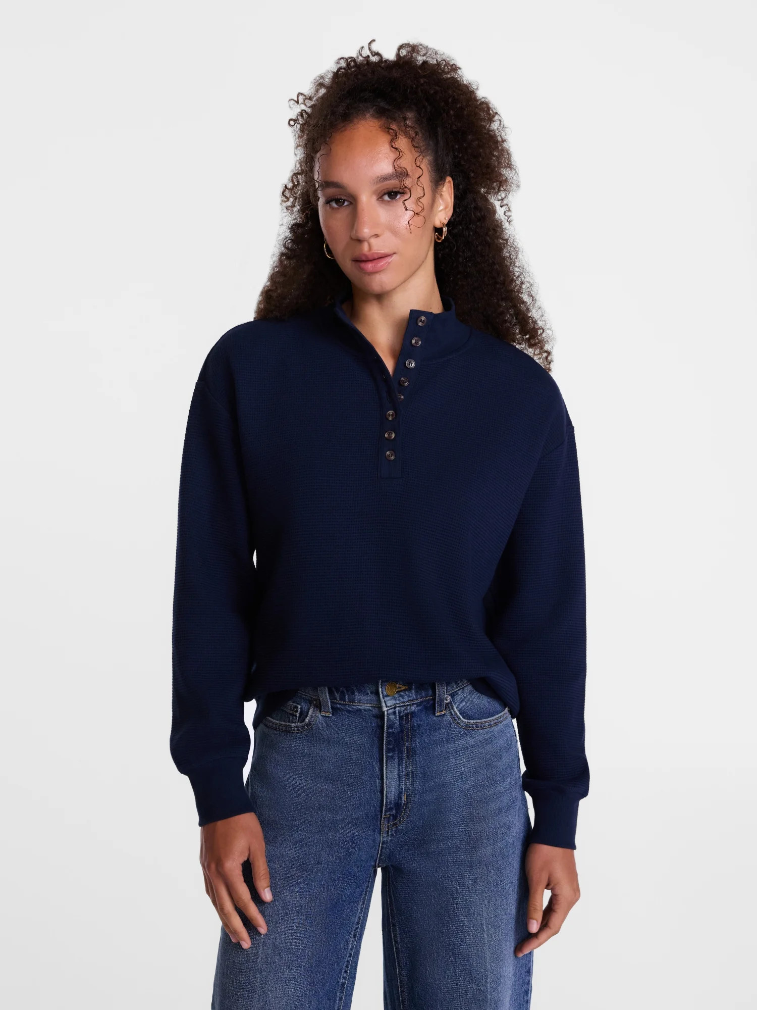 Scenario Women's and Women's Plus Waffle Knit Button Top with Long Sleeves, Sizes XS-4X | Walmart (US)
